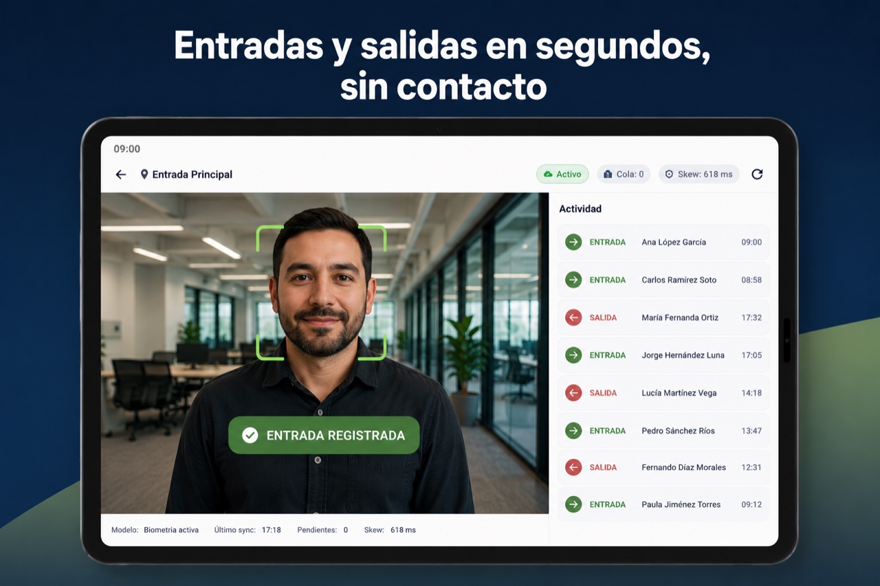 Entradas y salidas en segundos, sin contacto: tablet con Jornalix registrando la entrada de un empleado por reconocimiento facial, junto al panel de actividad con las entradas y salidas del día.